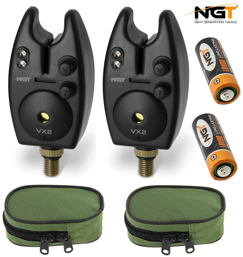 2x NGT VX2 Bite Alarms with Volume & Tone Control Carp Fishing + Batteries